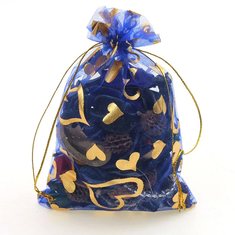 100 шт./лот 7X9 см X 9 см X 12 см 11X16 см 13X18 см золотое любовное сердце роза свадебная сумочка из органзы из тонкой прозрачной ткани, подарок на Рождество, спальные мешки для упаковки ювелирных изделий - Цвет: royal blue goldheart