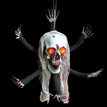 

Halloween Horrible Party Prop Bleed Hanging Six Claws Skull Terrible LED Red Eye Twinkling Weird Sound Children Party Scary toys