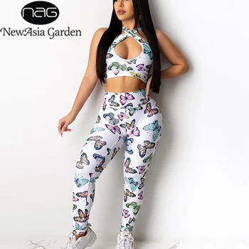 

NewAsia Butterfly Print 2 Piece Set Women Hollow Out Halter Crop Top Long Pants Set Summer Sexy Outfits Bodycon Tracksuit Sports