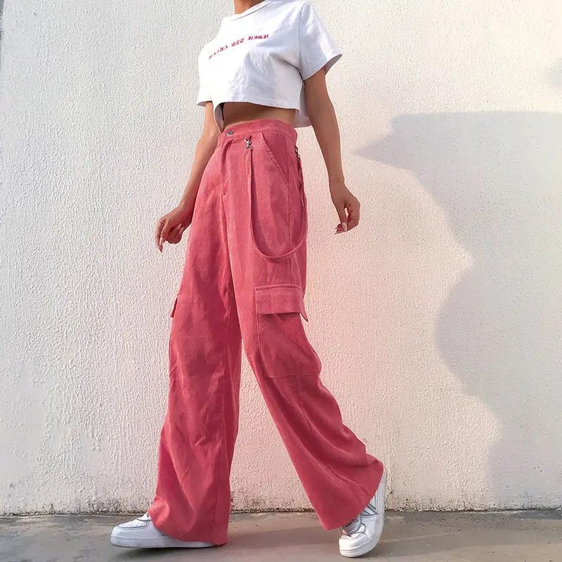 

High Street Retro Bib Overall Straight Corduroy Pink Women's Drape Loose Slimming Wide Leg Pants Pink Cargo Pants Women Pants