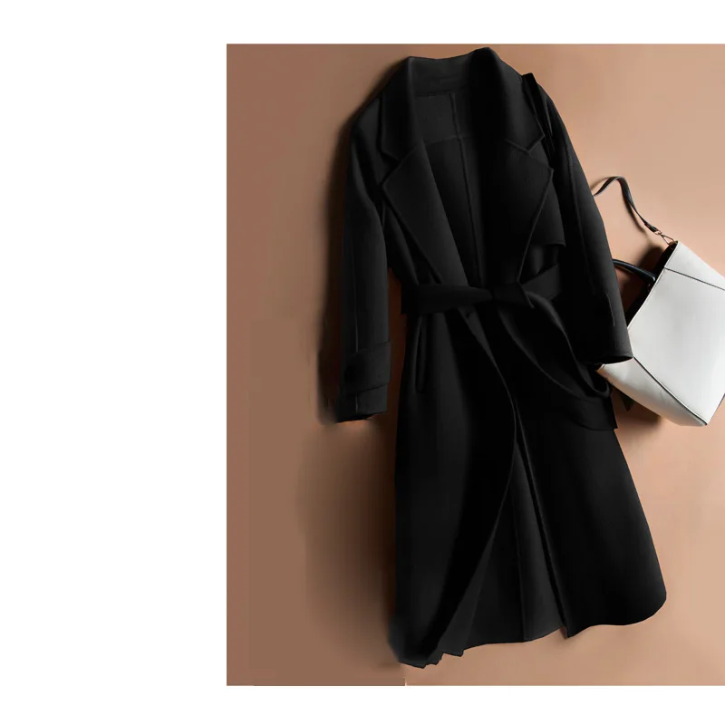 Шерстяное Женское шерстяное пальто с отложным воротником Женская кашемировая куртка с поясом однотонное модное шерстяное пальто Верхняя одежда G806 - Цвет: Черный