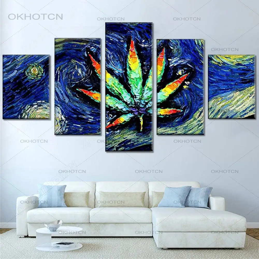 5 Pezzi Hd Abstract Leaf Canapa Pittura Decorazione Della Casa Stampa Su Tela Poster Modern Wall Art Classic For Living Room Modular Pic