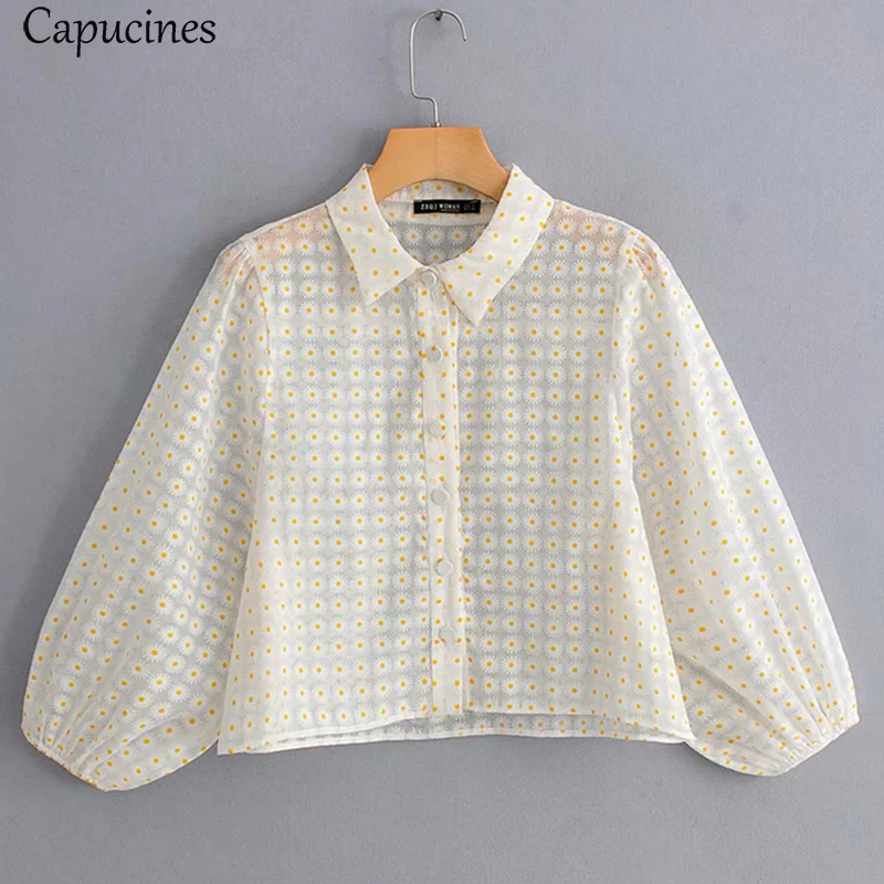 Capucines, сексуальная, прозрачная, с ромашками, короткая блузка, для женщин, отложной воротник, сладкий, фонарь, рукав, повседневный Топ, женская, шикарная рубашка