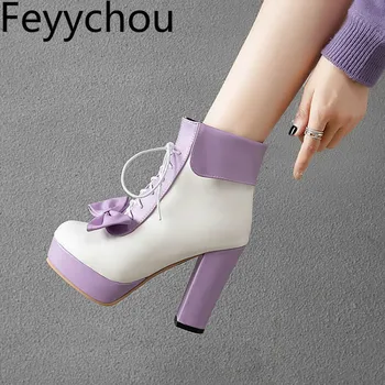 

Women Boots Super High Heel Round Toe Autumn Winter Warm Lolita Ankle Cross-Tied Platform Mixed-colors 2019 Sexy Fashion Pu Pink