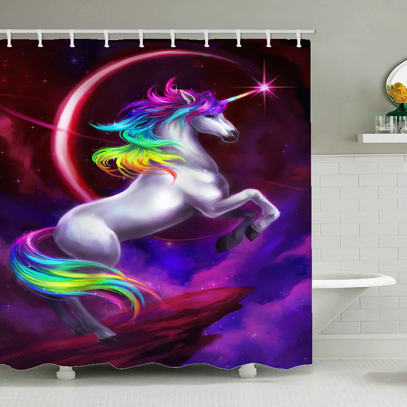 

Starry Sky Shining Unicorn Bath Curtains Bathroom For Bathtub Bathing Cover Extra Large Wide 12pcs Hooks
