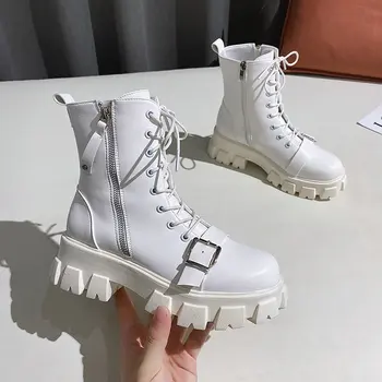 

2020 Autumn Women White Boots High Platform Gothic Shoes Female Fashion Black Punk Combat Boots Women Square Heeled Ankle Boots