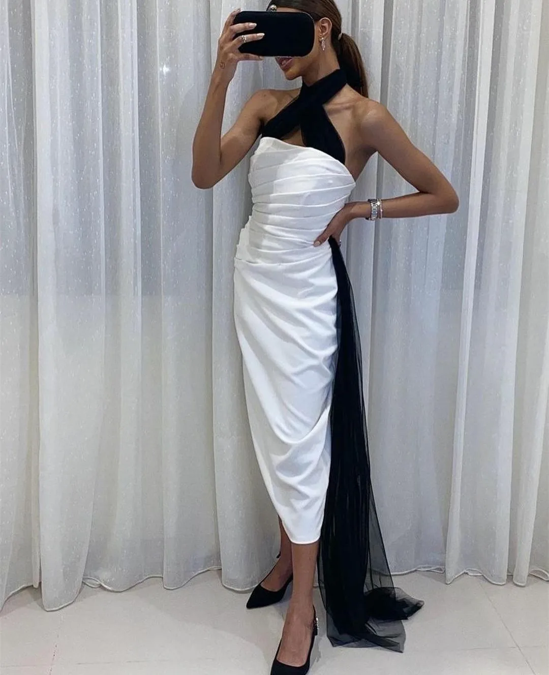 

Vintage Long Halter Pleated Evening Dresses Satin Ankle Length فساتين السهرة Formal Party Gown for Women