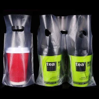 

100Pcs/Lot Beverage Packaging Bag Clear Plastic Carrier Bag Pack Pouches with Two Type of Style for One Cup / Two Cups Bags