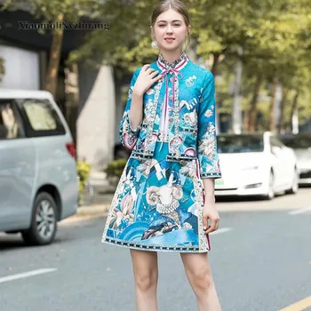 

Xiaomoli Printed retro style blue suit coat and half dress 2020 new spring and summer two piece women's wear