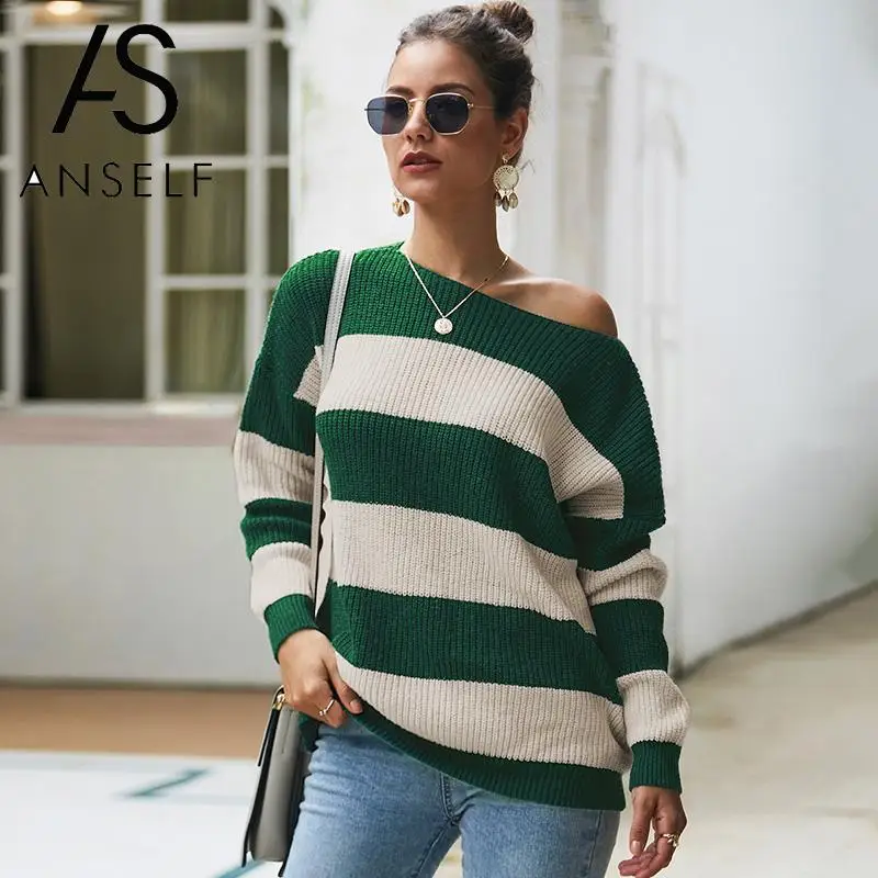 Женский свитер трикотажные туники пуловер в полоску на одно плечо с длинным