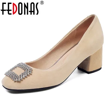 

FEDONAS Spring New Comfortable Kid Suede High Heels Crystal Buckle Elegant Women Basic Pumps Party Prom Wedding Shoes Woman