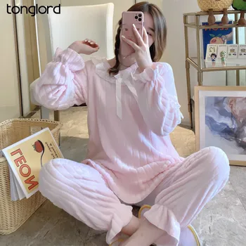 

Women Pajamas Sets Autumn Winter Stripe Flannel Doll Collar O-Neck Lace Homewear Suits Female Flannel Long Tops Long Pants Set
