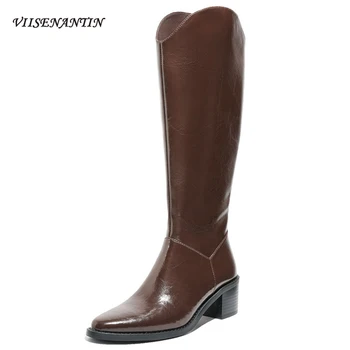 

New Autumn Winter Korean Style Pointed Toe V-mouth Thick Mid-heel Long Western Cowboy Boots Women's Platform Brown White Shoes