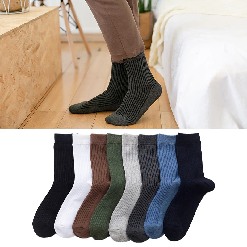 

High Quality 5Pairs/lot Men's Socks Autumn Winter Vertical Stripes Wild Pure Color Cotton Male Long Socks