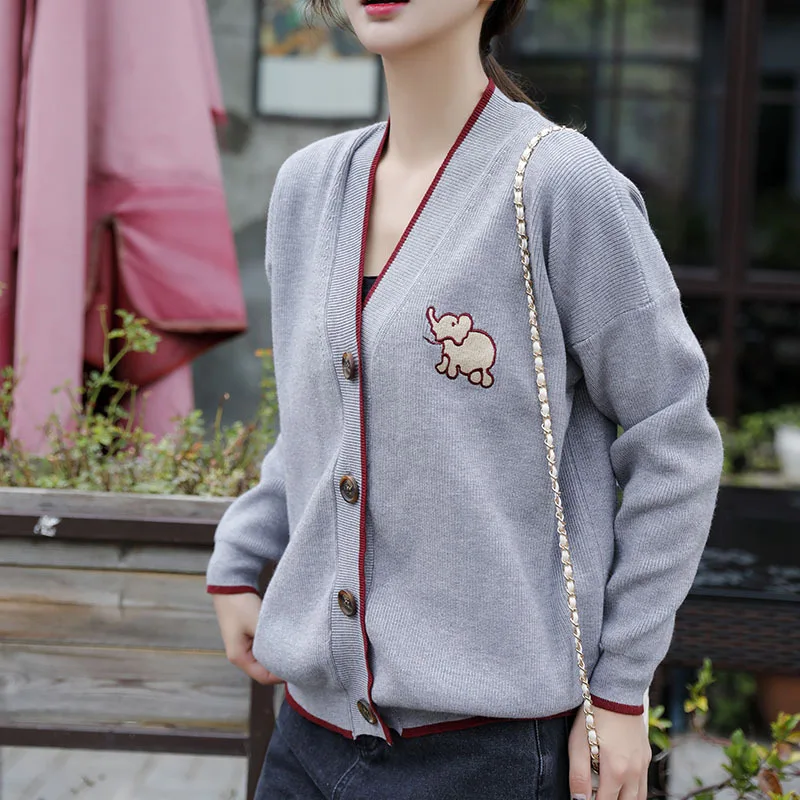 

Baby Elephant Embroidered Sweater Cardigan Women's 2019 Spring And Autumn New Style Korean-style Loose-Fit V-neck Short Large Si