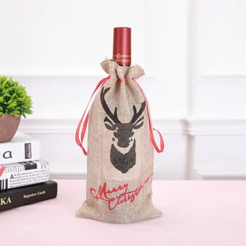 

Christmas Wine Bottle Cover Cartoon Deer Printed Linen Gift Bags Champagne Bottles Wrap Decoration New
