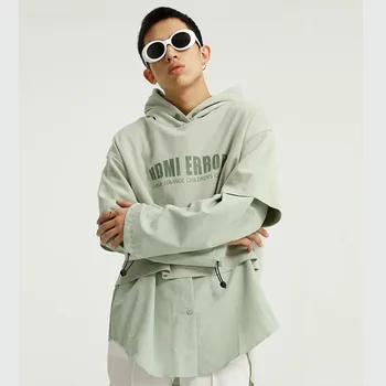 

Men 2 Piece Splice Long Sleeve Casual Pullover Hooded Sweatshirt Male Street Hip Hop Loose Letter Print Hoodie Shirt Outerwear