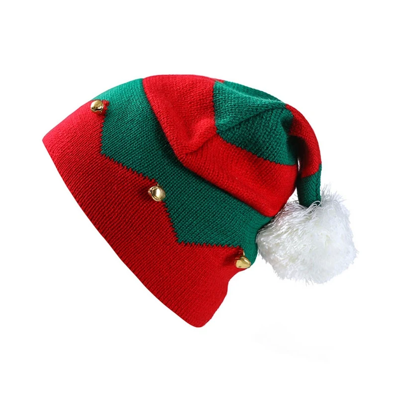 Unisex Children Christmas Hat Knitting Hair Ball Christmas Cap Patchwork Ball Bells Knitted Wool Cap Autumn Winter Warm Cap