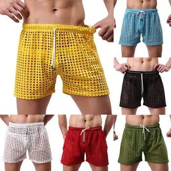 

Men sexy fishing net perspective shorts hollow breathable sexy underwear mesh five pants