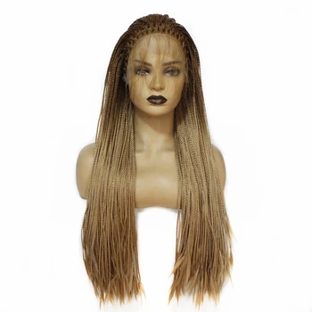 

Micro Braided Brown Long Synthetic Hair Lace Front Wigs Heat Resistant Fiber Replacement Wigs With Baby Hair For Black Women