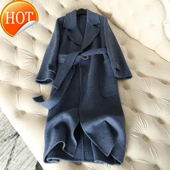 

2020 Elegant 100% New Wool Coat Double Faced Cashmere outwear Alpaca Women's Long Wool Coat Slim Female Overcoat Blue Jacket