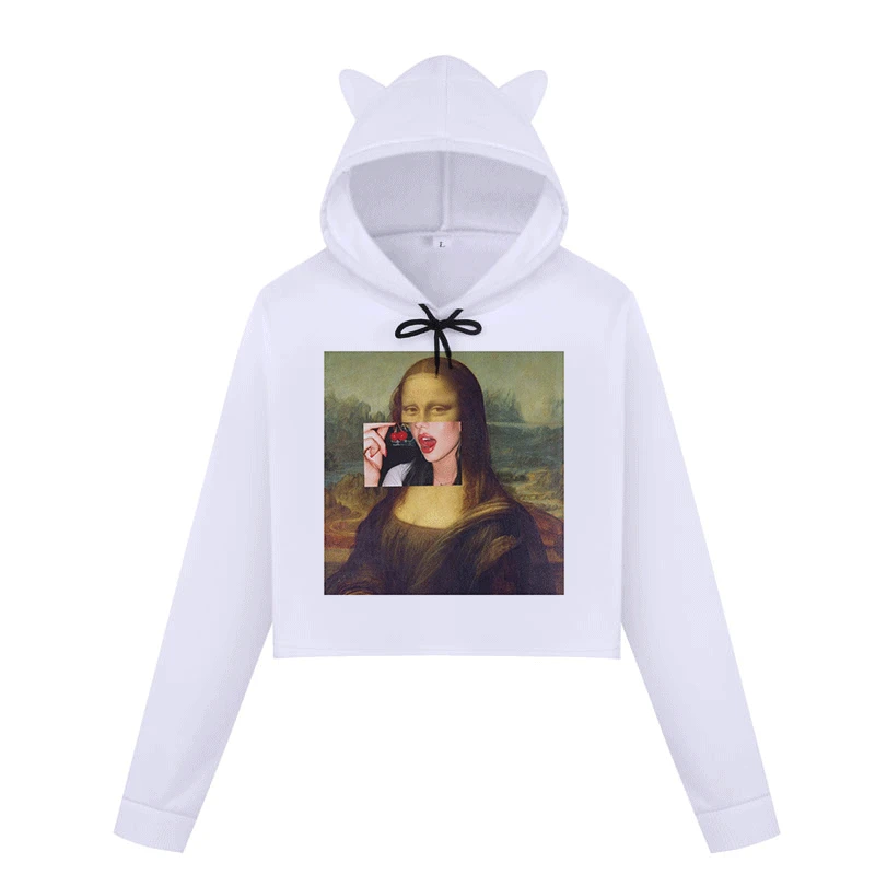 

Mona Lisa Cartoon Fun Fashion Print Hoodies Women Spoof Personality Harajuku Crop Top Sweatshirt Casual Women's Cropped Hoodie