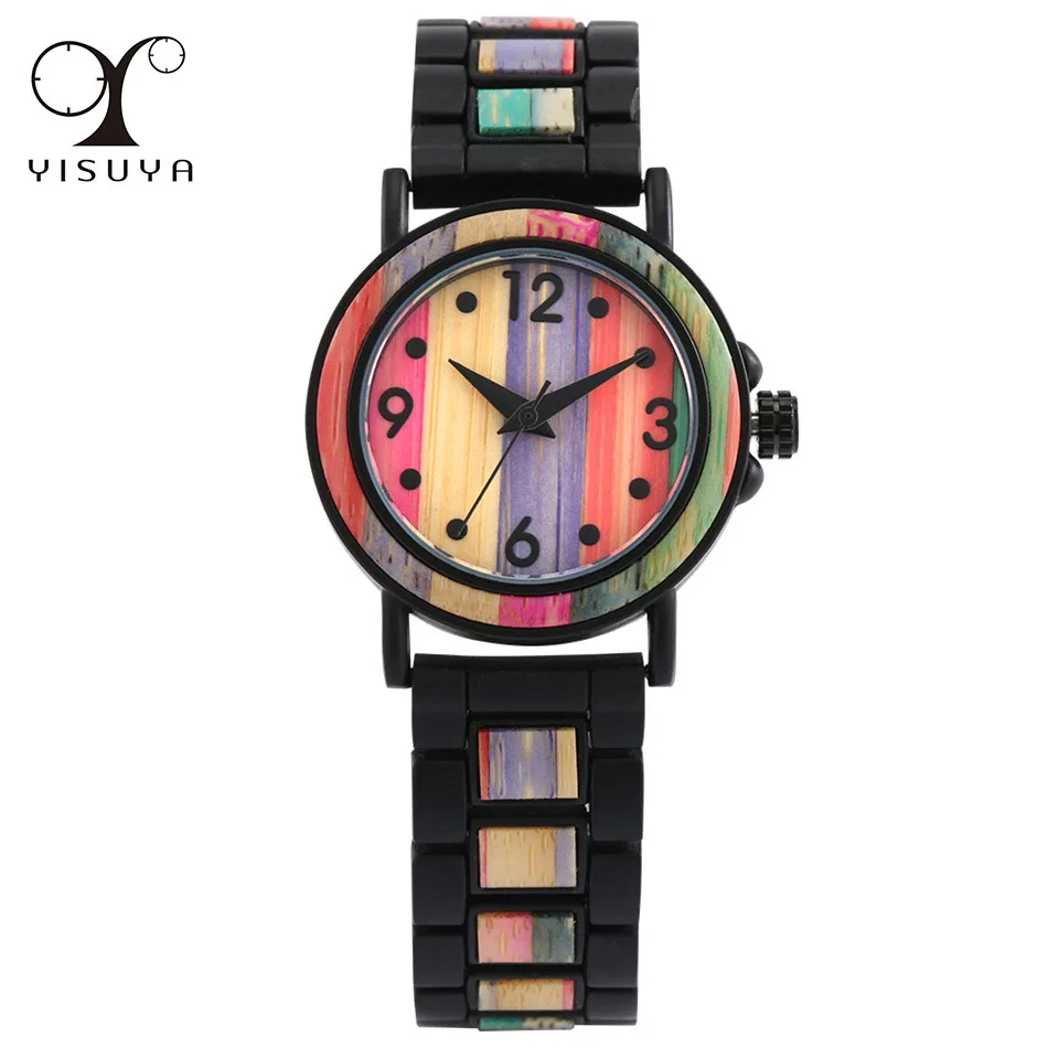 Wristwatch Bangle Bracelet Wooden Quartz Stainless-Steel Womens Hidden Buckle Numerals-Display