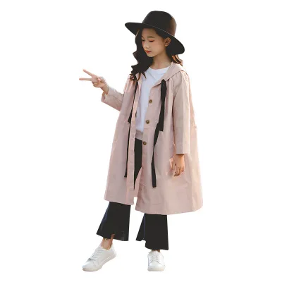light pink Коллекция года, осенне-зимний плащ для девочек модный свитер со шнуровкой и длинными рукавами, свободное Детское пальто-ветровка длинные пальто для девочек-подростков - Цвет: light pink