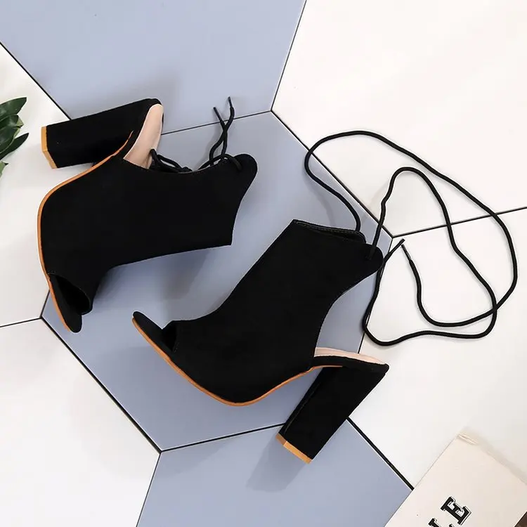 

2018 Spring And Autumn New Style after Empty Back Bandage Fish Mouth High-Heel Chunky-Heel Short Boots Rome Large Size 41-43 Cod