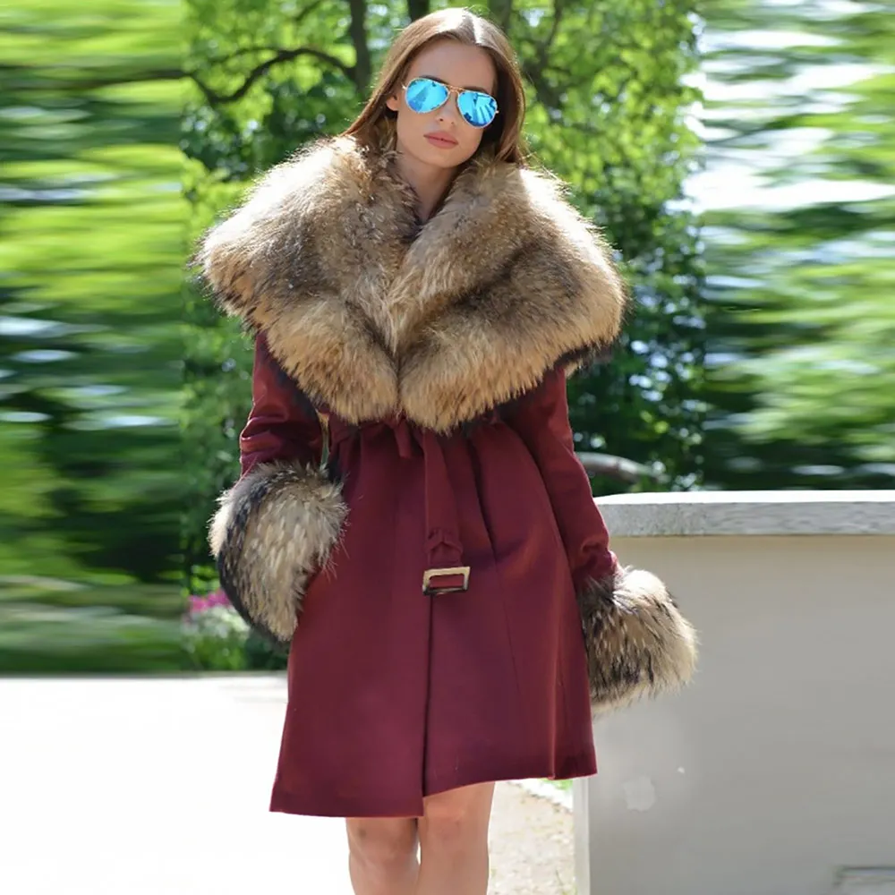 New Nature Raccoon Fur Collar Overcoat Women Winter Outerwear Long Woolen Coat Fashion Female Jacket Real Fur Hooded Coat