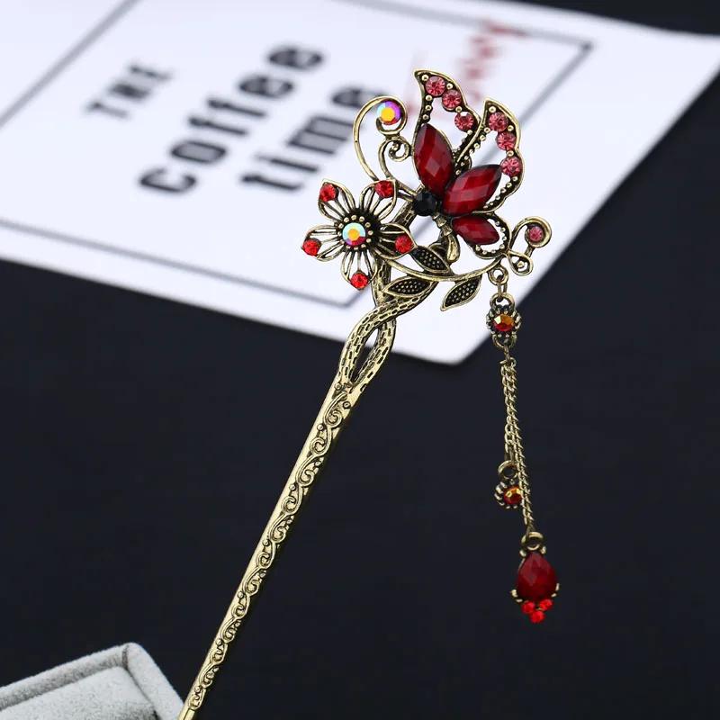 Vintage Rhinestone Butterfly Hair Stick Jewelry Wedding Hair Accessories Charm Metal Hairpins jewelry accessories hair accessory hair stick