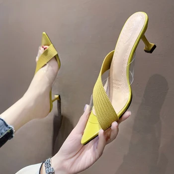 

Female Shoes Thin Heels Heeled Mules Transparent Slippers Med Pointed Toe Slides 2020 High Summer Rubber PU Scandals Cross-tied