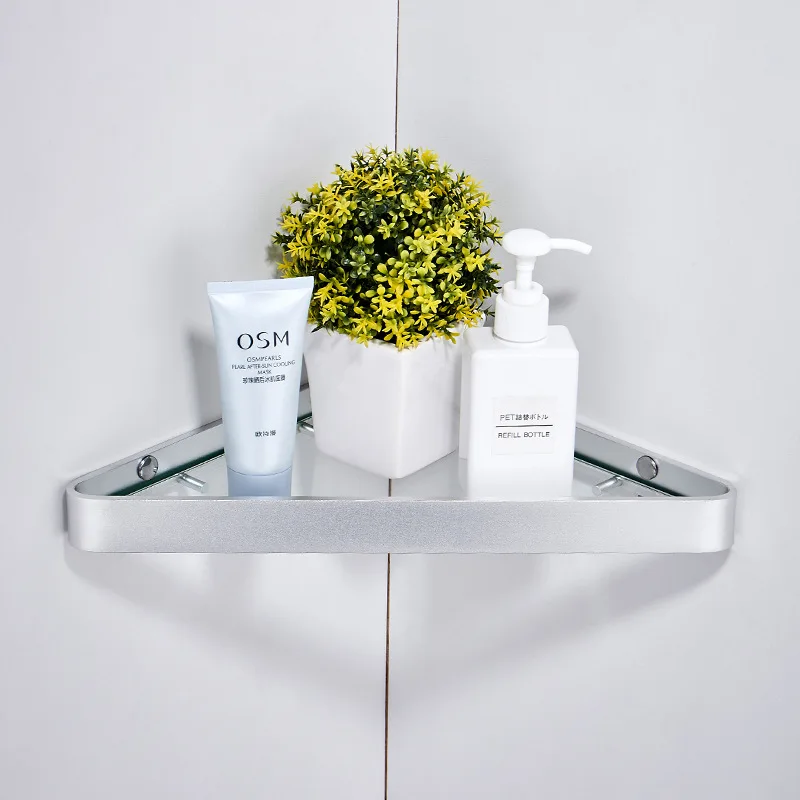 Bathroom Shelf Bath Shower Shelf Nail Free Glass Satin Bathroom Corner shelf Aluminum Kitchen Storage holder