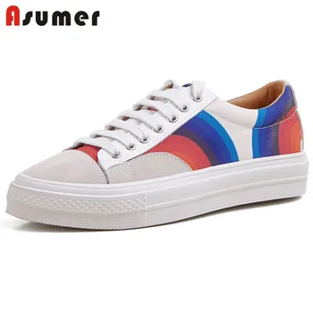

Asumer 2020 hot sale genuine leather single shoes women sneaker mixed colors lace up spring summer casual flat shoes woman