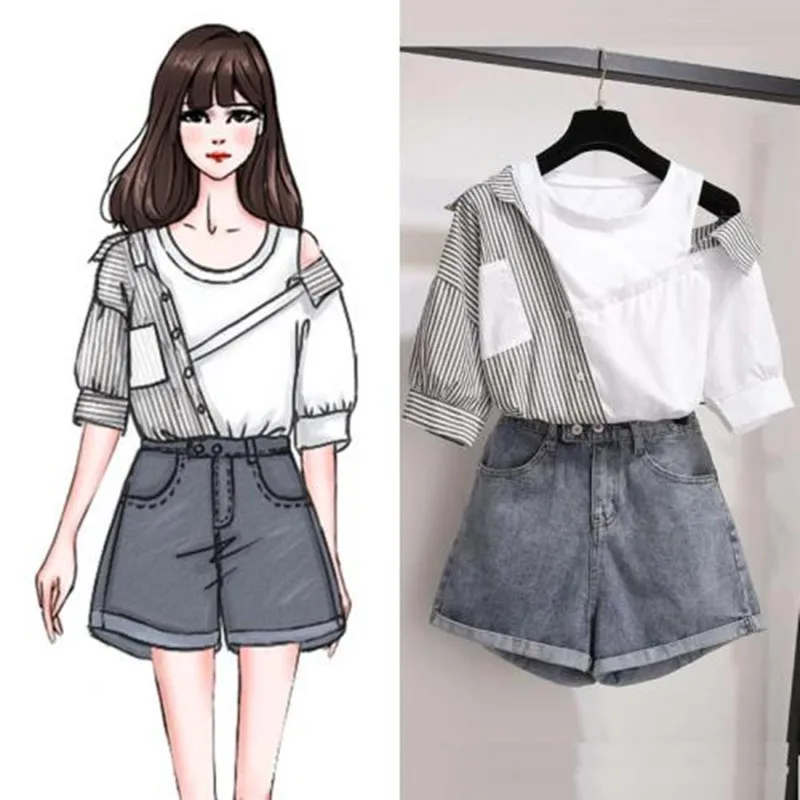 2020 summer korean two pieces set women striped patchwork off shoulder tops blouse and blue denim shorts sets women clothes co ord sets women