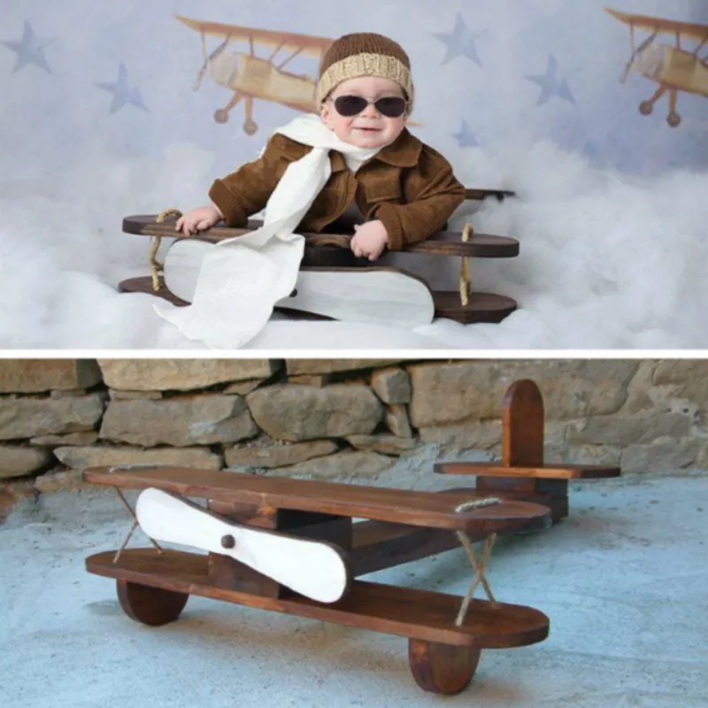 Baby Photography Props Posing Mini Wooden Plane Shoot Accessories Retro The Hundred Day Photo Creative | Мать и ребенок