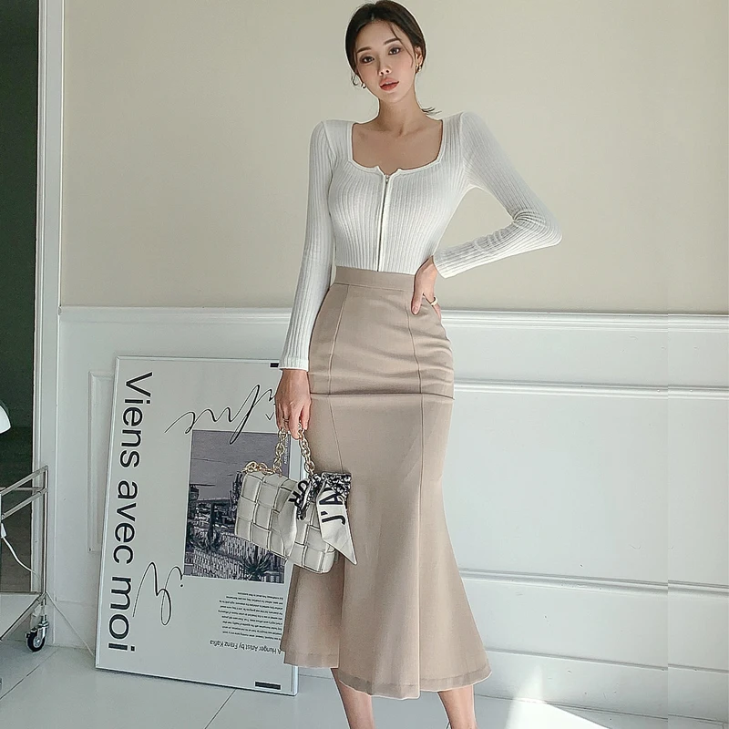 

Waist Long Mermaid Skirt Set 2021 Autumn Fashion Bodycon Club Set Sexy Party Set Slim Square Neck Zip Knit Long Sleeve Top