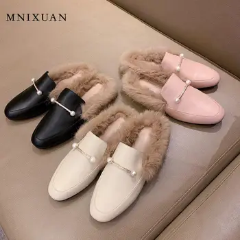 

MNIXUAN Luxury Designer Shoes 2019 autumn winter new genuine leather slip on flats shoes women round toe mules shoes big size 42