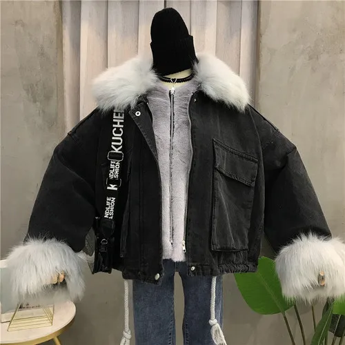 Новинка, зимняя женская куртка с меховым воротником, модная уличная одежда, женская джинсовая Лоскутная Верхняя одежда, 13309 - Цвет: Black Grey Collar