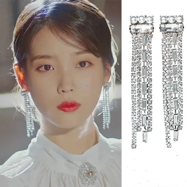 

iu Lee Ji Eun earring Fringed personality faux pearl crystal stud earrings for women brincos fashion jewelry mujer geometric