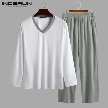 

INCERUN Men's Pajamas Sets Soft Long Sleeve V Neck Sleepwear Long Pants Homewear Leisure Comfortable Men Pyjamas Suits 2 Pieces