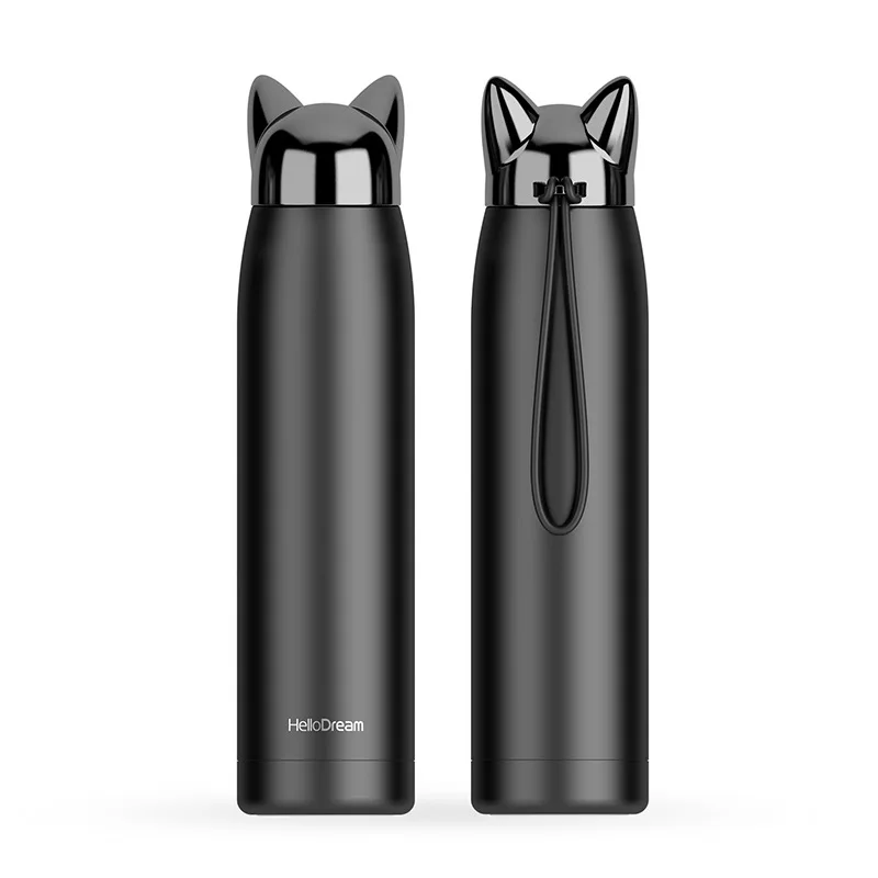 JM термос-бутылка с двойными стенками из нержавеющей стали, Вакуумная бутылка-термос 320 мл, бутылка для напитков, бутылка для воды, стеклянная крышка для кошки - Цвет: PHANTOM BLACK