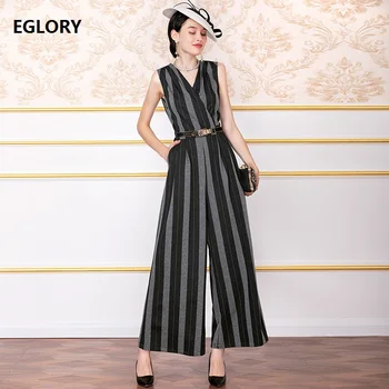 

High Quality Jumpsuit 2019 Autumn Overalls Women V-Neck Striped Print Wide Leg Sleeveless Casual Plus Size Jumpsuit Female
