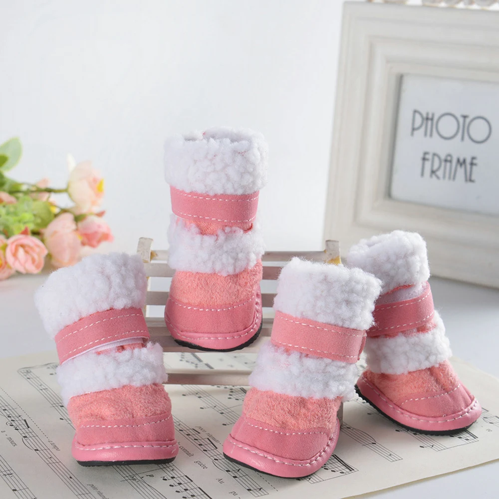 Pet Dog Cute Shoes Winter Warm Snow Boots Socks For Small Large Dogs Pet Dog Shoes Pet Supplies 4pcs/set - Цвет: Pink