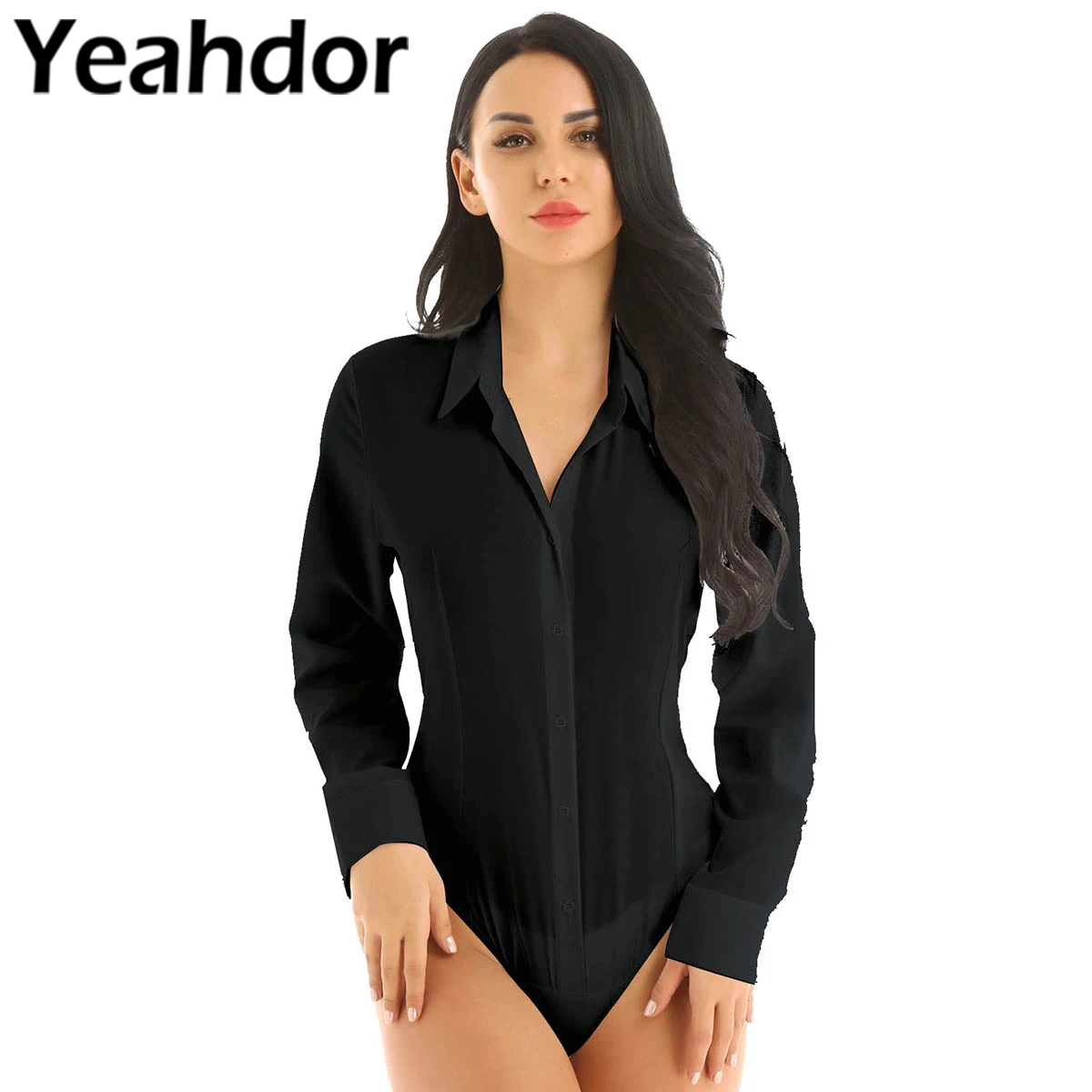 

Fashion Women One-Piece Bodysuit Turn-down Collar Long Sleeve Button Down Easy Care Work Jumpsuit Shirt Casual Office Wear