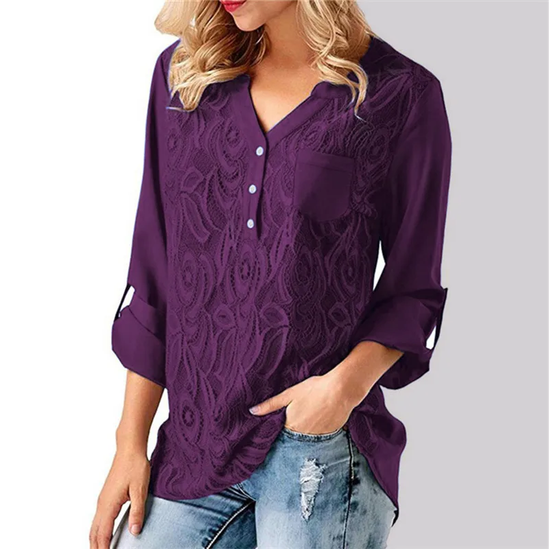 YMING модная шифоновая женская блузка плюс размер рубашки с длинными рукавами на пуговицах с v-образным вырезом женский топ вязанная крючком Женская Туника выше размера d Blusas - Цвет: Фиолетовый