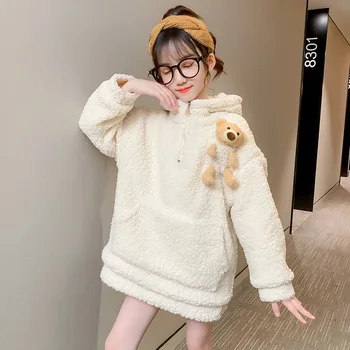 

New Korean Girls Dress Cotton Thicken Plus Velvet Sweatshirt Warm Sweatshirt Princess Dresses Teens Kids Clothes Autumn Winter