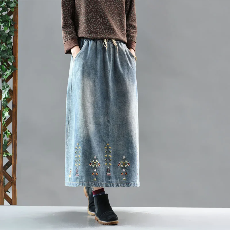 QPFJQD осенне-зимняя женская джинсовая юбка в стиле ретро с эластичной резинкой на талии Весенняя женская Повседневная Свободная юбка на шнурке юбки с вышивкой хлопок
