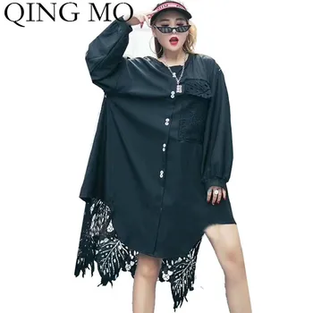 

QING MO Black Women Loose Dress 2020 Spring Women Lace Patchwork Dress Female Personality Hollow Out Dress ZQY3306