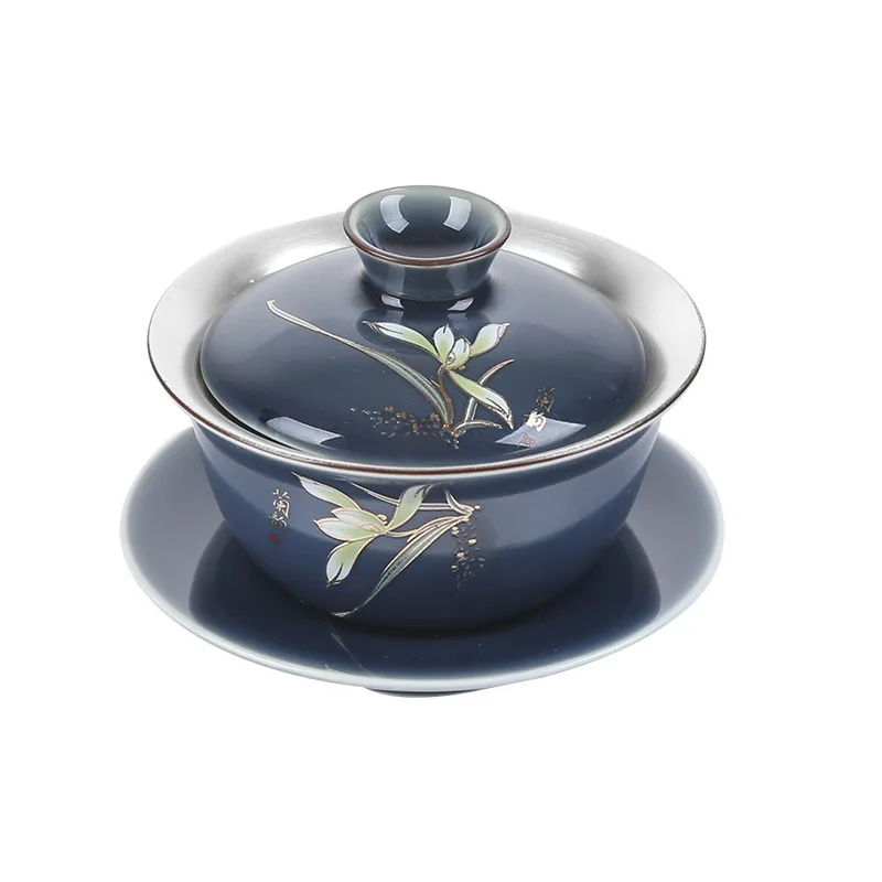 

Ceramic Orchid Silver Tea Set 999 Pure Silver Cover Bowl Ji Blue Kung Fu Tea Set Gilded Silver Sancai Tea Bowl Tea Cup Large Siz